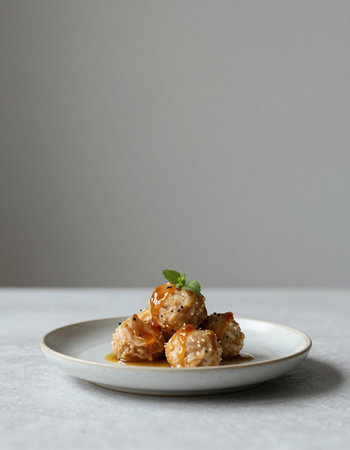 Sesame glutinous rice balls with peanut butter and caramel sauce on a white plateの写真素材
