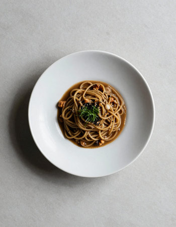 Spaghetti with walnuts in a white plate on a gray background