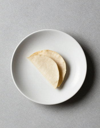 Two pieces of flatbread on a white plate on a gray background, top viewの写真素材
