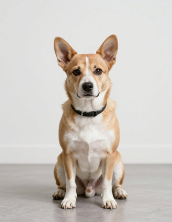 Portrait of a cute purebred welsh corgi dog sitting on gray floor