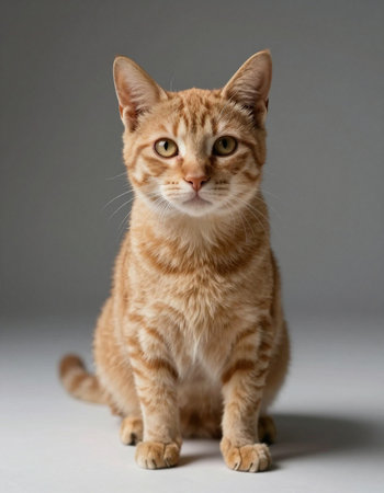Beautiful ginger cat sitting on gray background. Studio shot. Isolated.の写真素材
