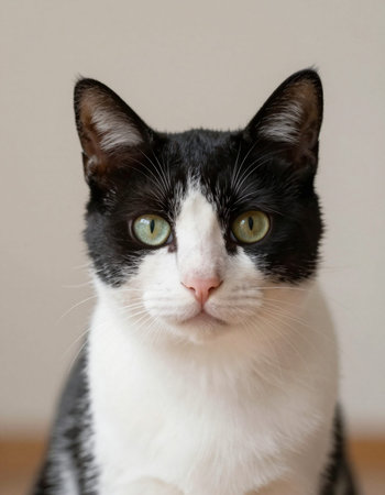 Portrait of a black and white cat with big green eyes.の写真素材
