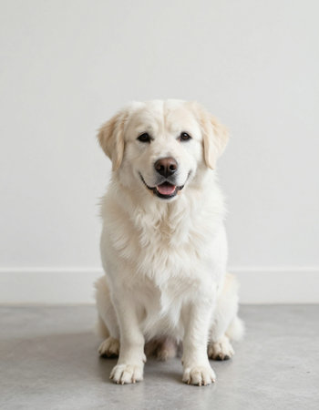 Portrait of golden retriever dog sitting on floor against white wall