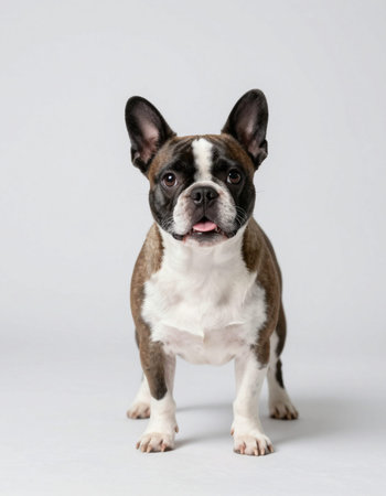 French bulldog standing on white background and looking at the camera.の写真素材