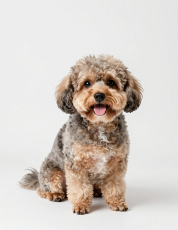 Studio shot of an adorable Miniature Poodle sitting on white background.の写真素材