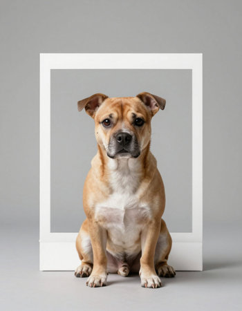 Studio shot of an adorable dog sitting in front of a white frame.の写真素材