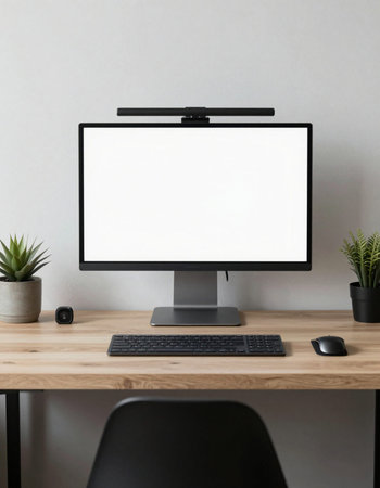 Mockup computer with blank screen on wooden desk in office.