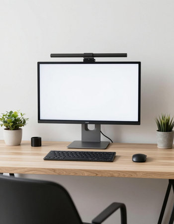 Computer with blank screen on wooden table in modern office, mockup