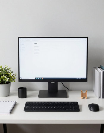 Workplace with computer and stationery on white table, stock photo