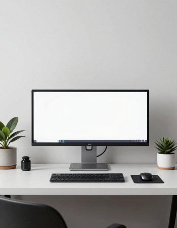 Computer with blank screen on white desk in office. Workplace conceptの写真素材