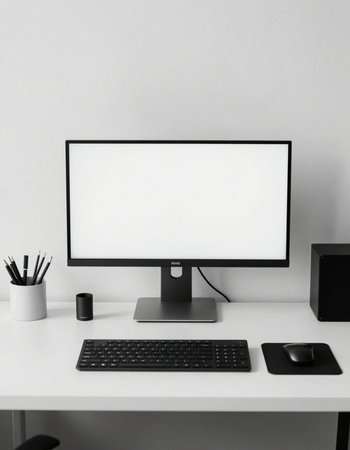 Minimalistic workspace with computer, stationery and blank screen on white table.