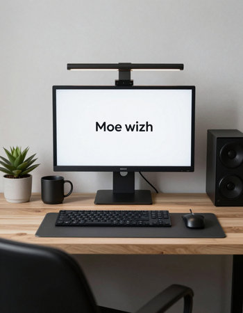Modern workspace with computer and coffee cup on wooden desk and white wall background.