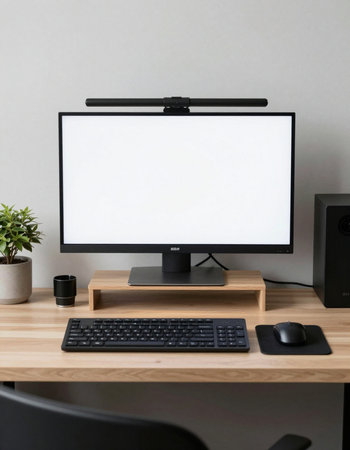 computer with white screen on wooden desk in modern office. stock image