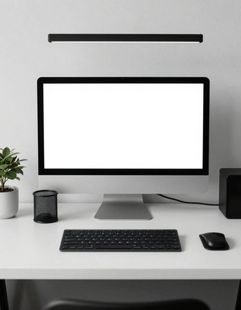 Mockup image of modern desktop with blank white computer screen, keyboard and mouse on white table.