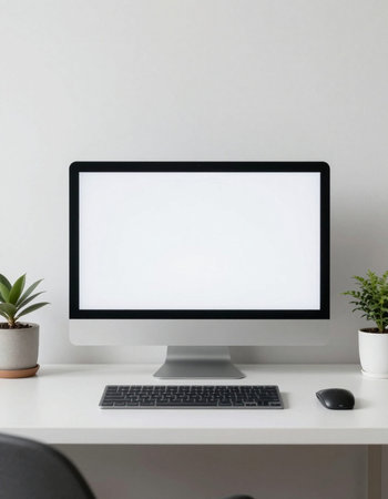 Modern workspace with blank screen computer on white table and white wall background