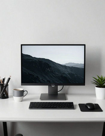 Modern workplace with computer, coffee cup and other items on white desk
