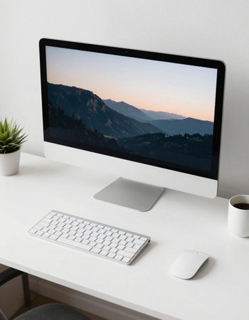 workplace with computer and coffee cup on white table in modern office