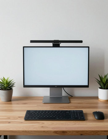 Modern desktop computer with blank screen on wooden table in front of white wallの写真素材