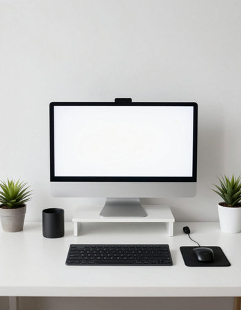 Modern workspace with blank screen computer, keyboard, mouse and potted plant.