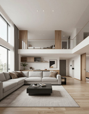 Interior of modern living room with white walls, wooden floor, beige sofa and coffee table. 3d...