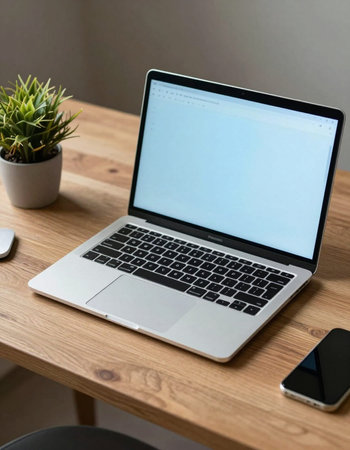 Laptop with blank screen on wooden table at home office. Work from home concept.