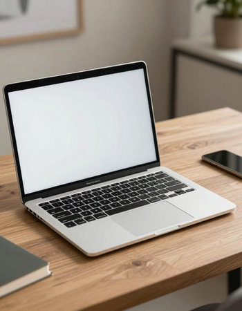 Laptop with blank screen on wooden table at home office. Mockup