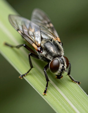Fly on a blade of grass in nature. Close-up.