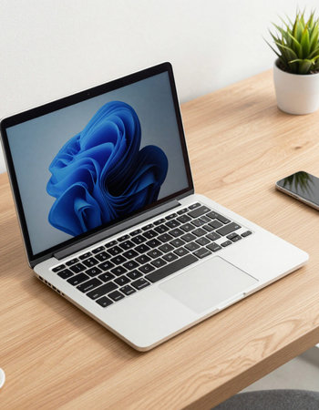 Laptop on a wooden table in front of a wall with a painting on it