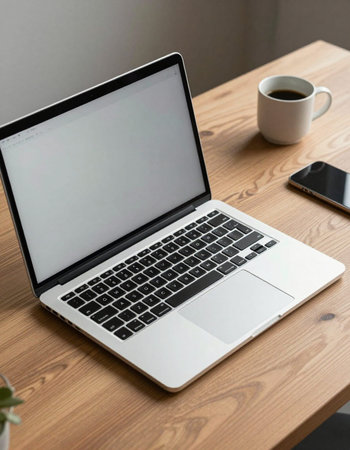 Laptop with blank screen and coffee cup on wooden table, stock photo