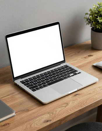 Mockup image of laptop with blank white screen on wooden table