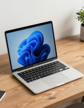 laptop on wooden table with blue abstract cloud on screen. 3d rendering.