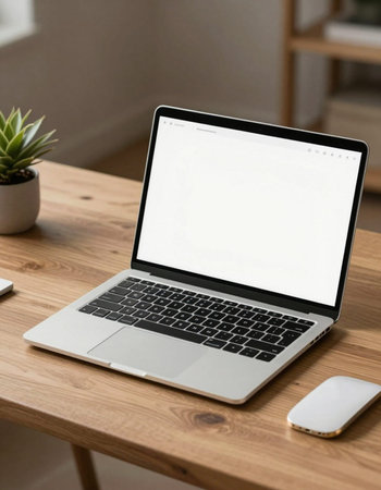 Mockup image of laptop with blank white screen on wooden table