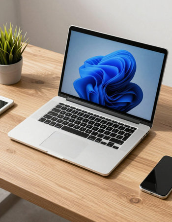 Laptop on a wooden desk with a blue paper in the screen