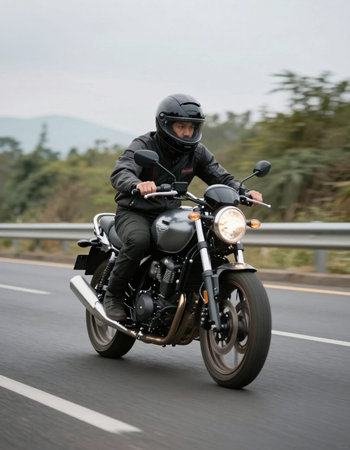 Rear view of a young man riding a motorcycle on the road.の写真素材