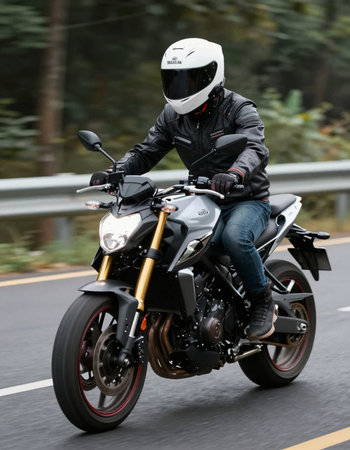 Unidentified rider riding a motorcycle on road no.1001 about 8 km from Bangkok, Thailand.