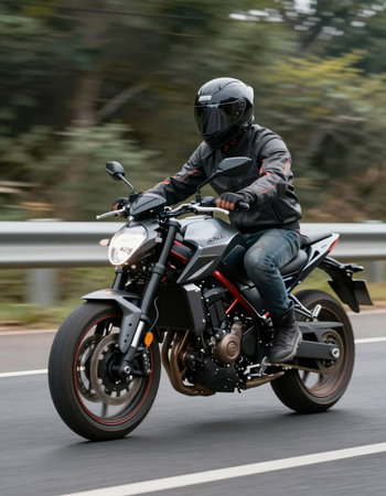 Rear view of a motorcyclist riding on a road.