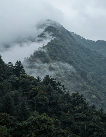 Mountains in the fog at Doi Inthanon National Park, Chiang Mai, Thailand