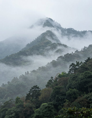 Mountain landscape in the mist at Doi Inthanon National Park, Chiang Mai, Thailandの写真素材