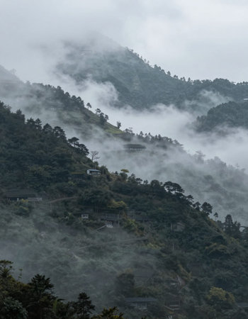 Mountain landscape in the mist at Doi Inthanon National Park, Chiang Mai, Thailandの写真素材