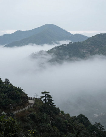 Mountain landscape with fog in the morning, north china.の写真素材