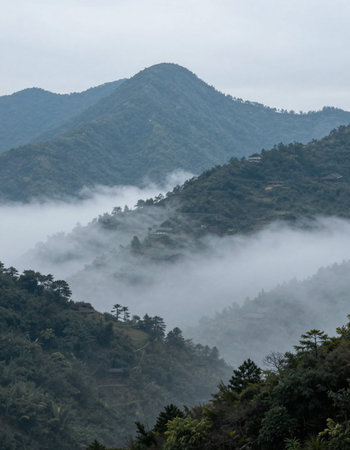 Mountain landscape with fog in the morning at Doi Ang Khang, Chiang Mai, Thailand.
