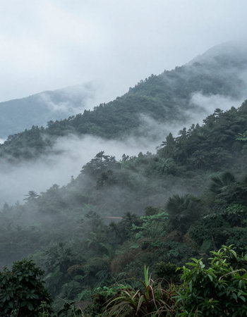 Landscape of misty mountain, Phu Langka National Park, Thailandの写真素材