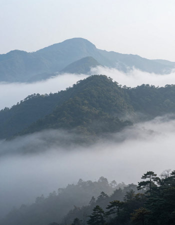 Mountain landscape with fog in the morning, Taipei, Taiwanの写真素材