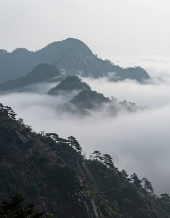 Mountains and clouds in Huangshan National Park, China.