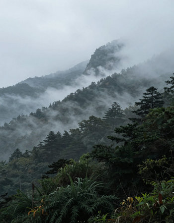Mountain landscape in the mist, Doi Inthanon National Park, Chiang Mai, Thailandの写真素材
