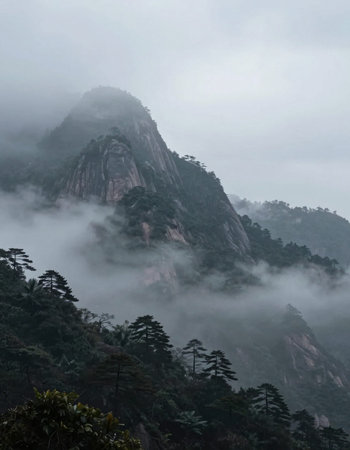 Mount Huangshan in the fog, Huangshan National Park, Chinaの写真素材