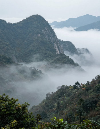 Mountain landscape in the mist.