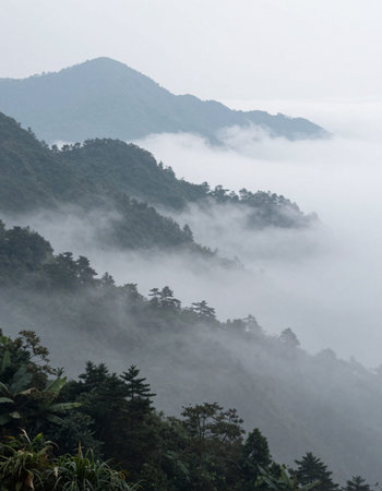 Foggy Mountain Landscape at Doi Inthanon National Park, Chiang Mai, Thailandの写真素材