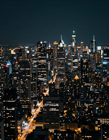 New York City Manhattan skyline at night with urban skyscrapers.の写真素材