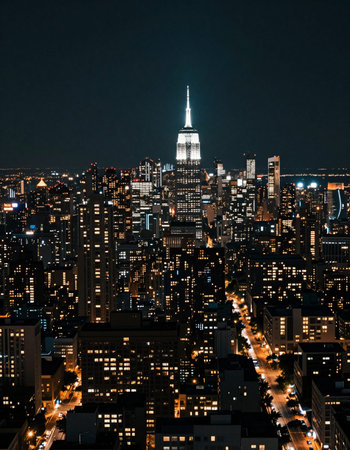 New York City Manhattan midtown skyline with Empire State Building at night.の写真素材